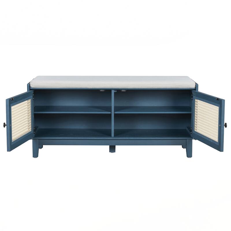 Rattan Entryway Bench with Storage, Cushioned Shoe Bench with Double Doors