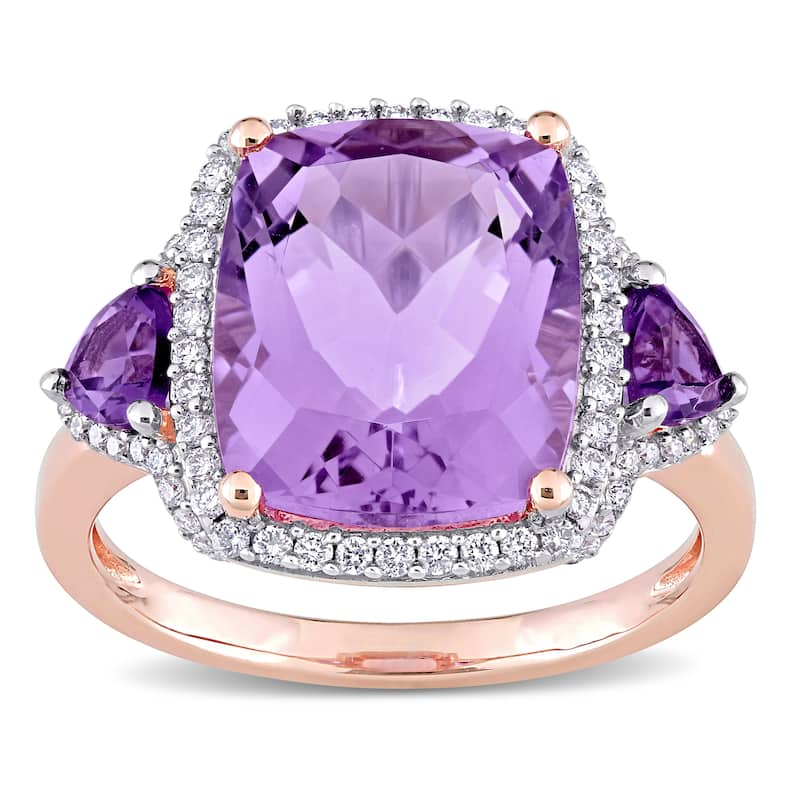 Miadora 14k Rose Gold Rose De France, African-Amethyst & 1/3ct TDW Diamond Halo Cocktail Ring