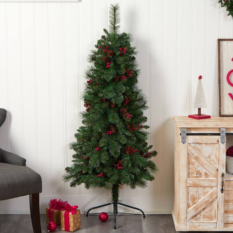 5ft. Flat Back Pine Artificial Christmas Tree with Pinecones, Berries & 110 Warm White Lights - Space-Saving Holiday X-Mas Tree