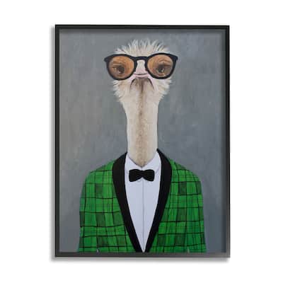 Stupell Charming Ostrich Bird Bowtie Sunglasses Green Cardigan Framed Wall Art