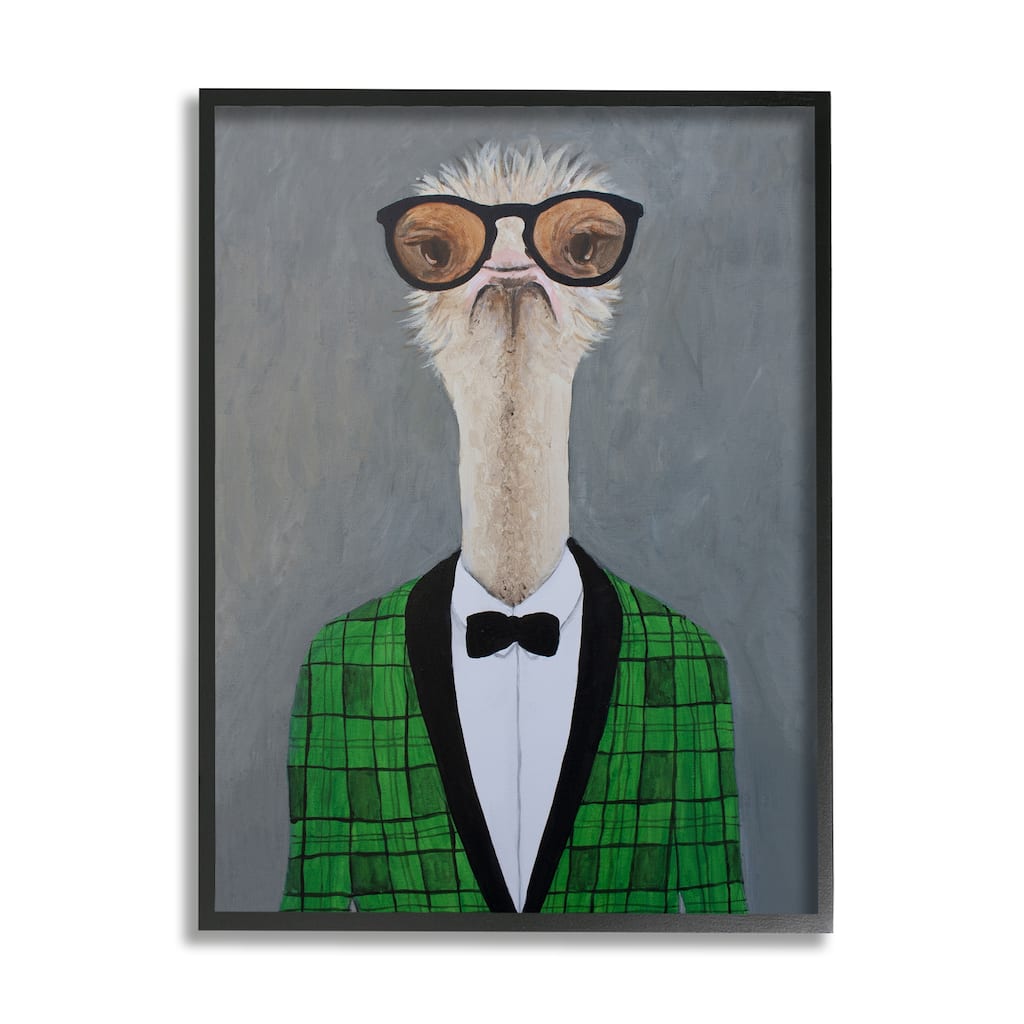 Stupell Charming Ostrich Bird Bowtie Sunglasses Green Cardigan Framed Wall Art