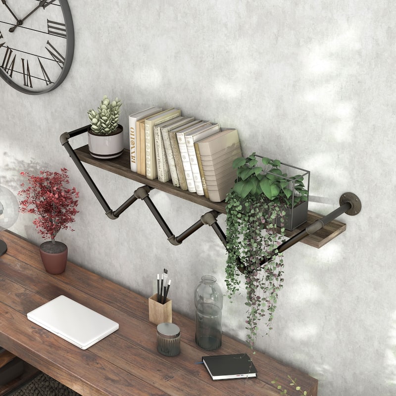 DH BASIC Industrial Reclaimed Oak 50-Inch Metal 1-Tier Wall Shelf by Denhour