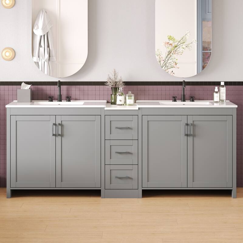 Roomfitters 84" Double-Sink Vanity, Aesthetic Modern Design with Quartz Top, Adjustable Shelves