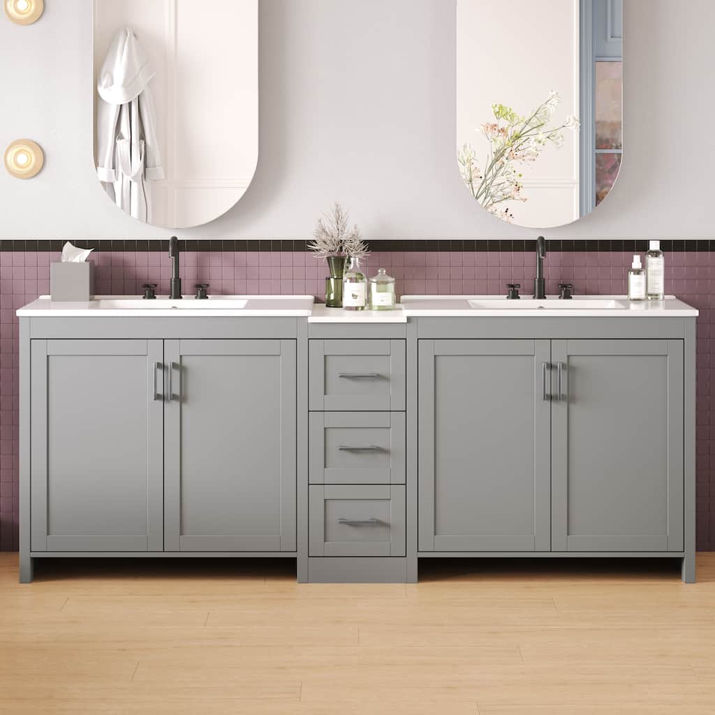 Roomfitters 84" Double-Sink Vanity, Aesthetic Modern Design with Quartz Top, Adjustable Shelves
