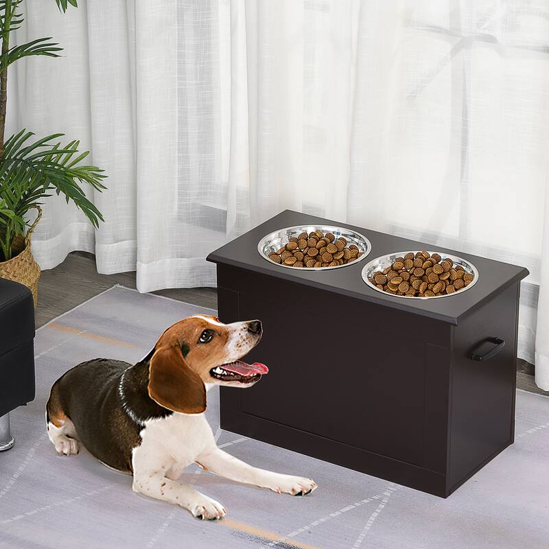 PawHut Dog Feeding Station with 2 Stainless Steel Bowls for Large Dogs - 23.5"L x 11.75"W x 16.25"H - Coffee