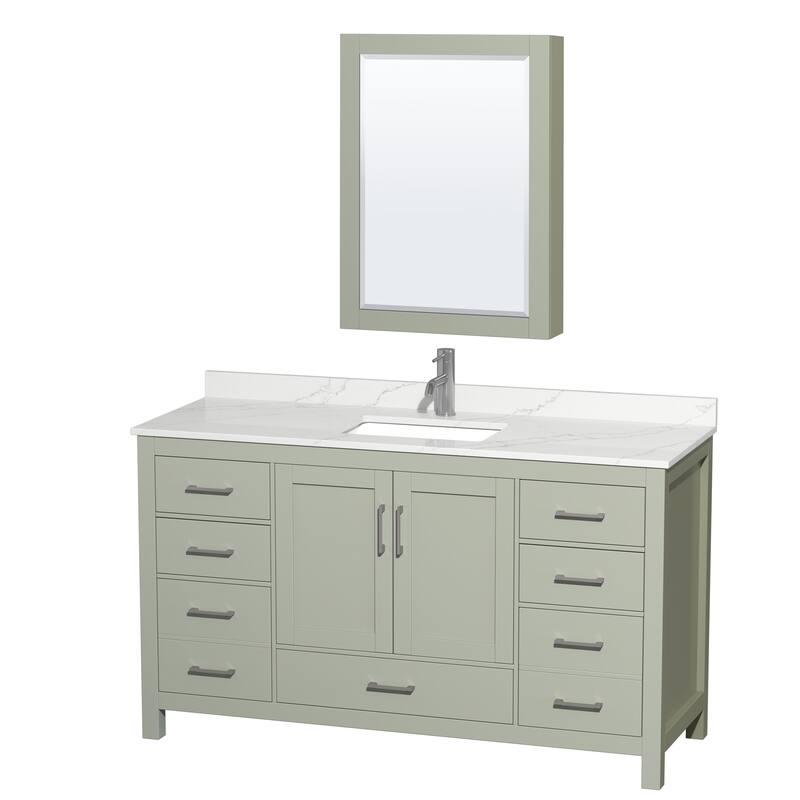 Sheffield 60-inch Single Vanity, Single Hole Quartz Top, Med Cabinet - Light Green, Nickel Trim, Giotto Quartz Top