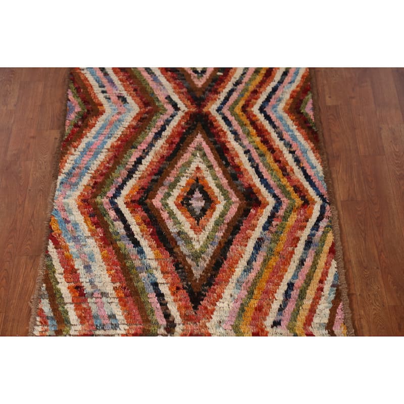 Geometric Moroccan Runner Rug Hand-Knotted Tribal Oriental Wool Carpet - 2'11" x 9'5"