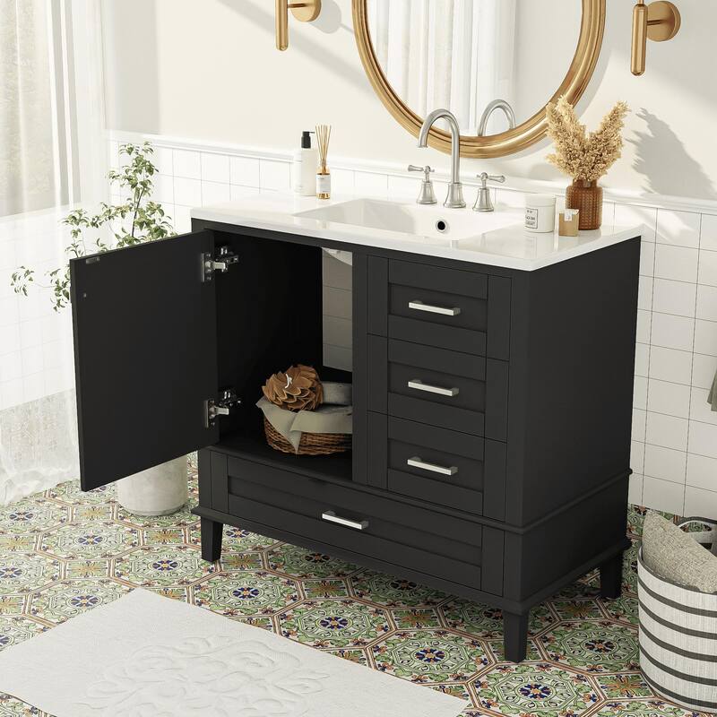 Elegant 36-Inch Bathroom Vanity with Undermount Ceramic Sink, Soft Close Storage Drawers, Silver Handles - Contemporary Look