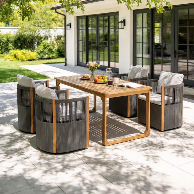 Christopher Knight Home - Ronan Outdoor Acacia Wood Dining Set with Swivel Rope Armchairs & Curved Leg Dining Table, Teak Finish - 5-Piece-Grey+Beige