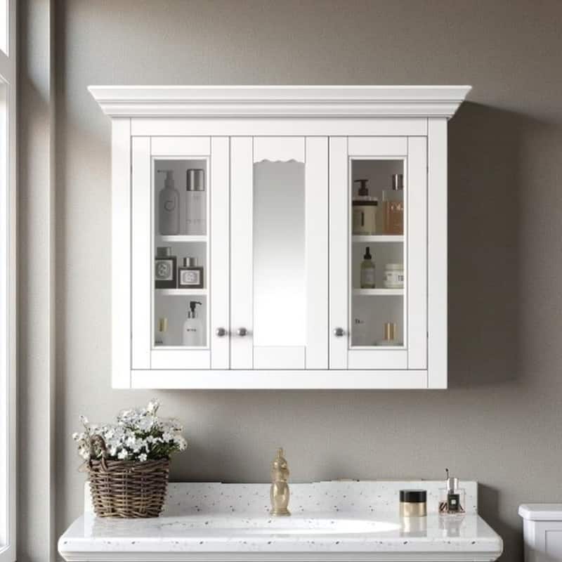 35" Wall Mounted Bathroom Mirror Cabinet with Storage, 2-in-1 Medicine Cabinet with Glass Doors, 5 Adjustable Shelves