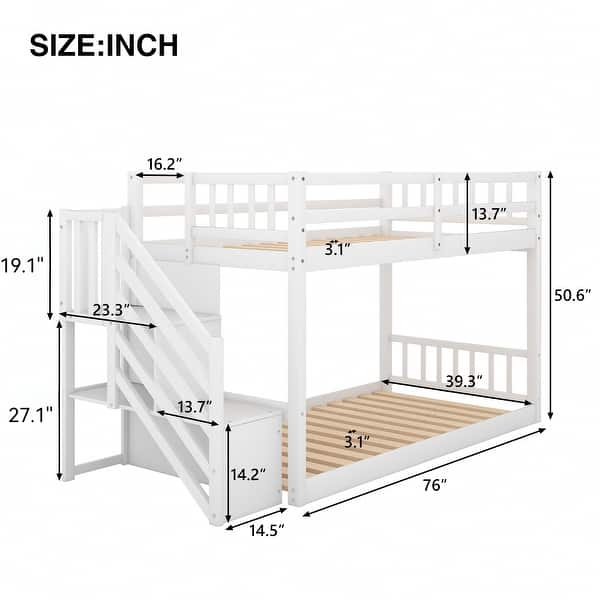dimension image slide 0 of 2, Twin over Twin Floor Bunk Bed, Ladder with Storage, Gray