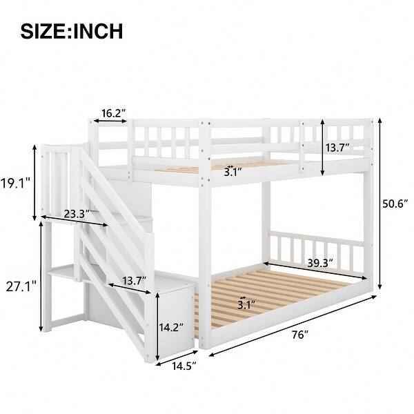 Twin over Twin Floor Bunk Bed, Ladder with Storage, Provide Maximum Security: Double Guardrail For Upper Bed,White