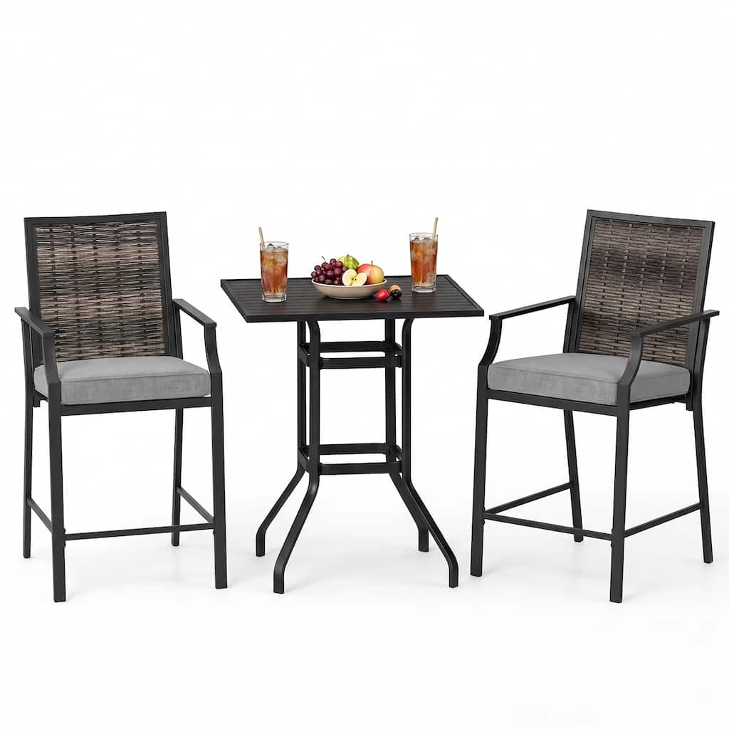Gymax 3PCS Outdoor Bar Set High Top Patio Bar Table & Rattan Wicker