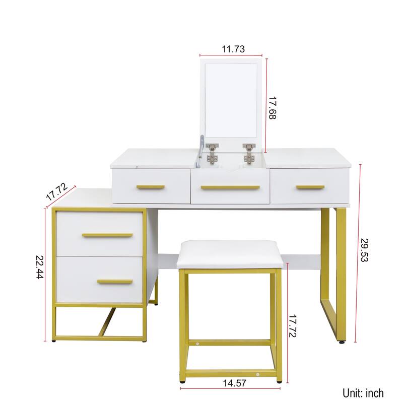 Vanity Desk with Flip Top Mirror, Large Wooden Dresser Table, Makeup Vanity Set with 4 Storage Drawers and Cushioned Stool