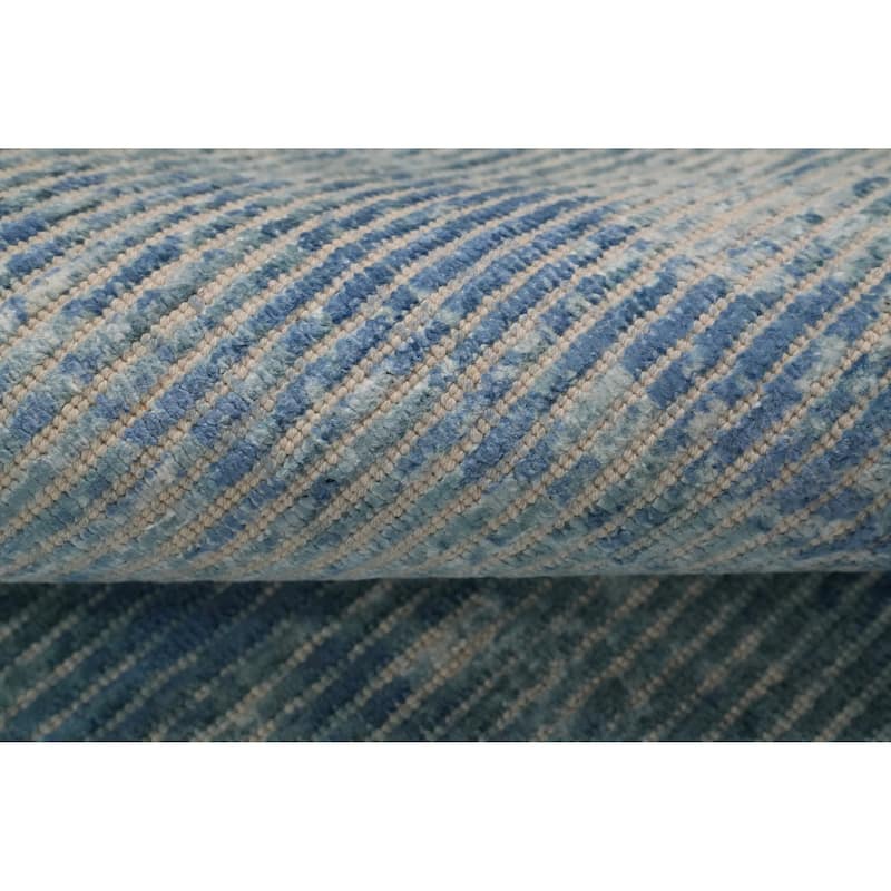Hand Knotted Oriental Viscose Silk Carpet Modern All-Over Navy Blue & Blues Abstract Area Rug - 7' 5'' X 5' 4''