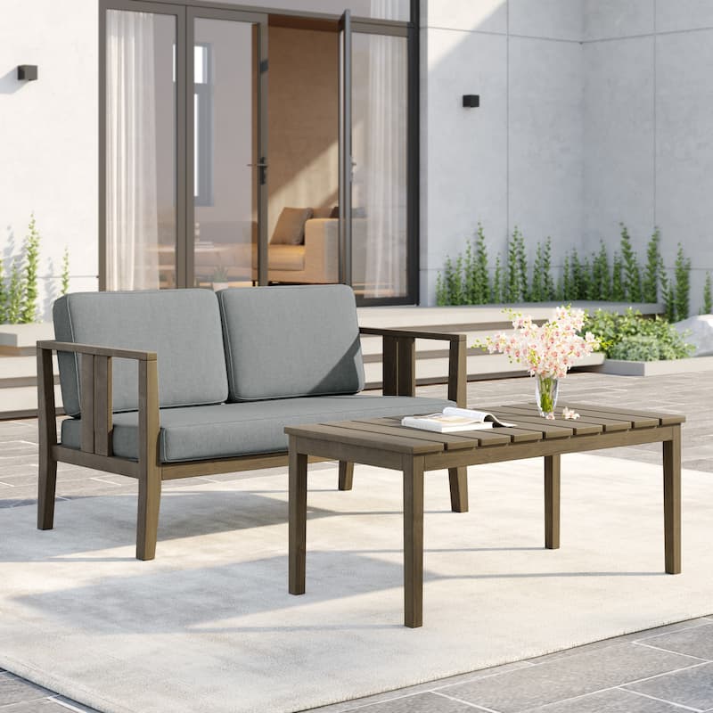 Uixe Teak Patio Loveseat with Coffee Table Outdoor Conversation Set - Natural frame-Grey