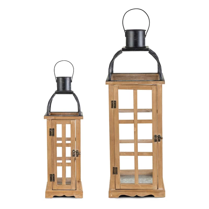 Glitzhome Farmhouse Wooden Metal Cage Candle Holders Patio Hanging Vintage Lanterns (Set of 2)