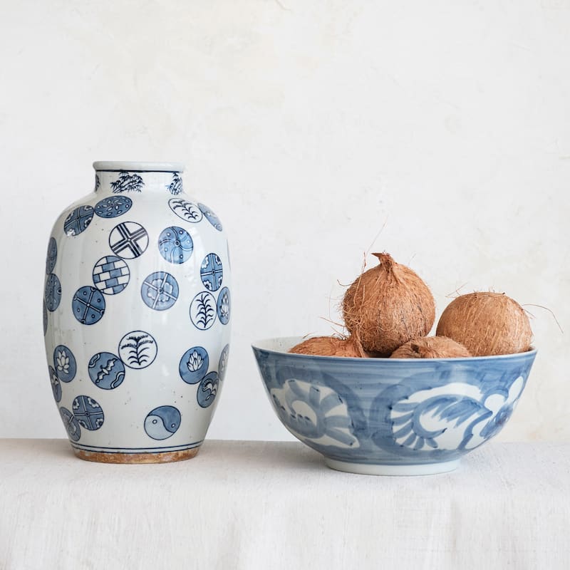 Hand Painted Stoneware Bowl with Floral Design - 14.0"L x 14.0"W x 5.9"H - 14.0"L x 14.0"W x 5.9"H