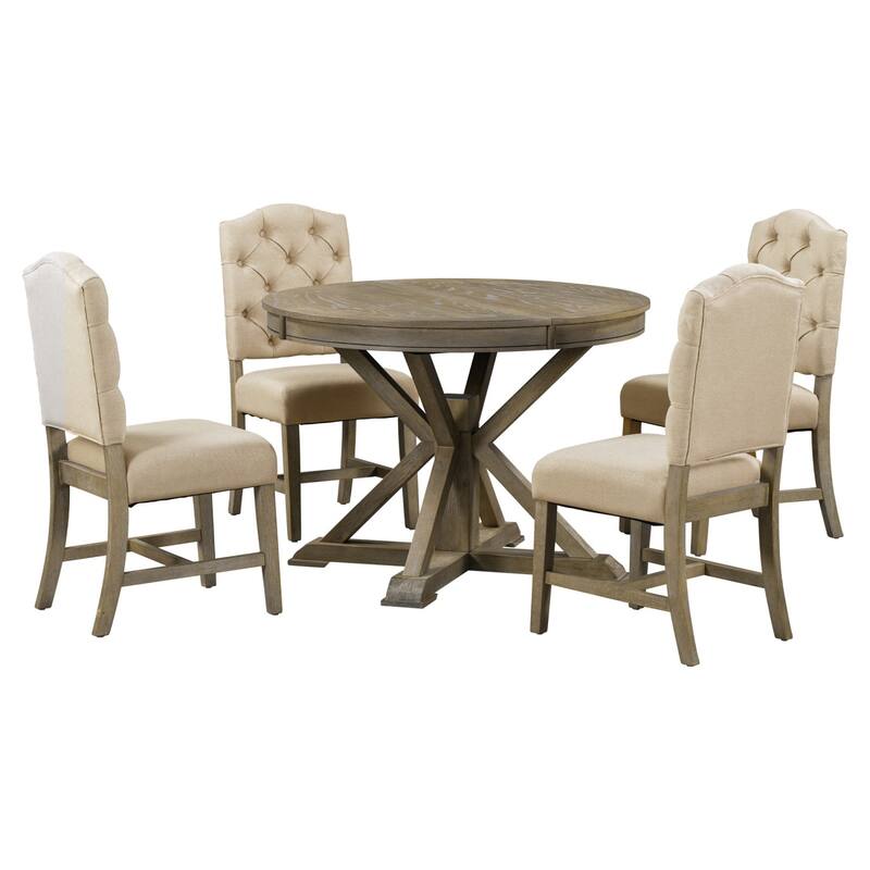 Functional Retro Extendable Dining Table Set with 4 Upholstered Chairs
