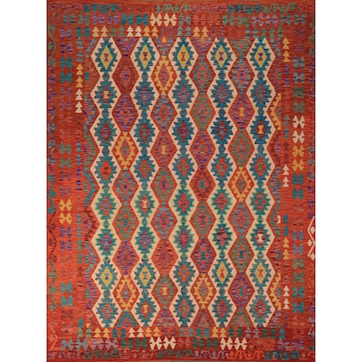 Geometric Kilim Oriental Area Rug Flatweave Reversible Wool Carpet - 8'4" x 9'10"