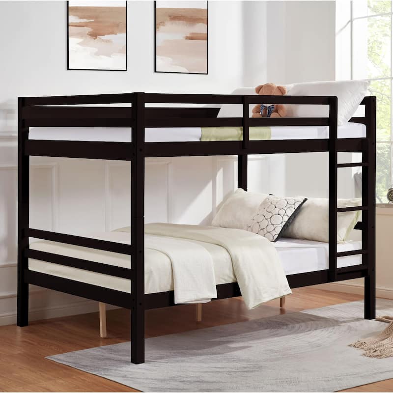 Full Over Full Bunk Bed, Thick Wood Posts, High Guardrail, Ladder - Brown