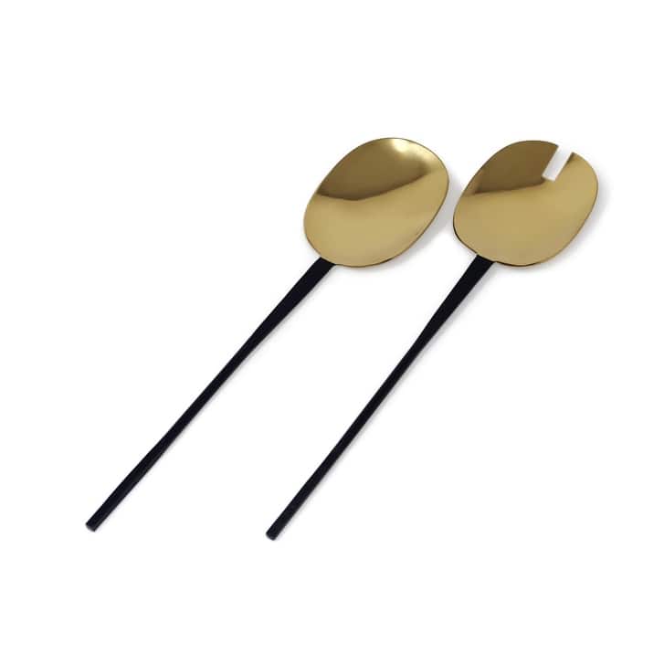 Gold Salad Servers with Black Handles S/2