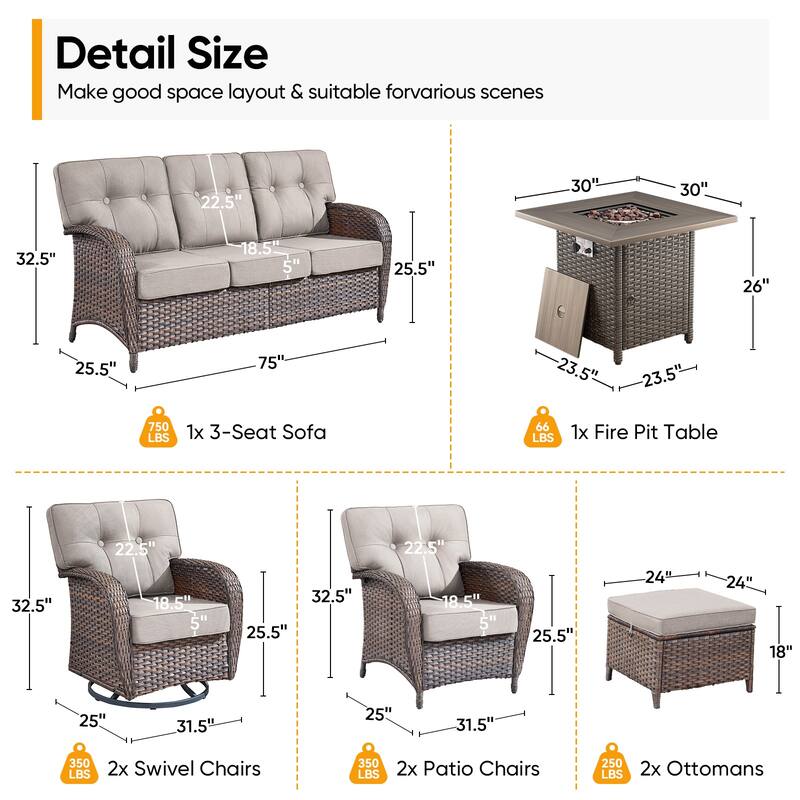 Pocassy 8 Piece Ooutdoor Fire Pit Table with Sofa Set