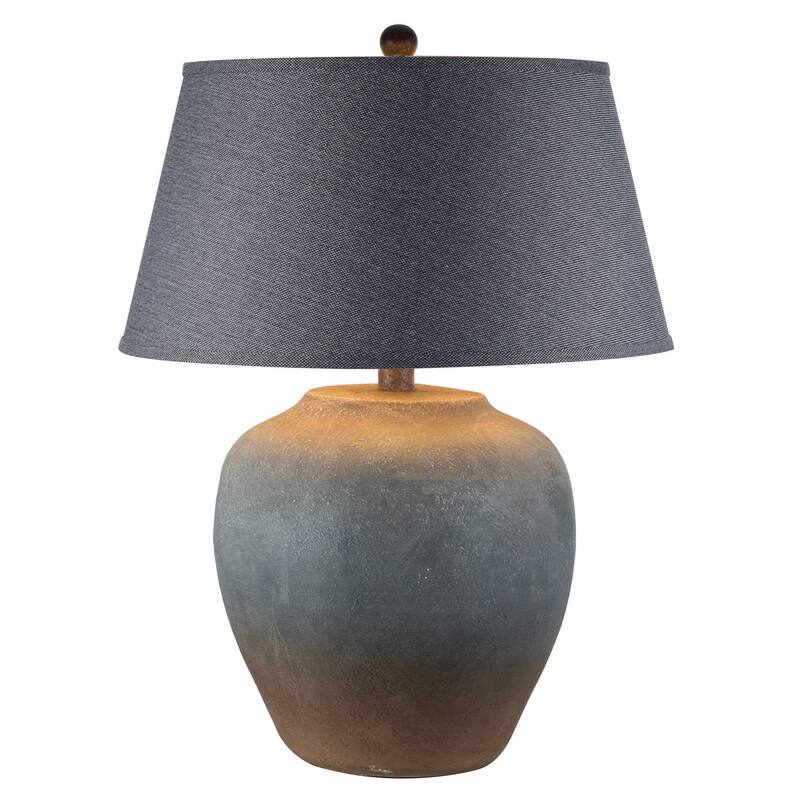 Buen 28 Inch Hydrocal Table Lamp, Black Drum Shade, Urn Base, Gray Rust