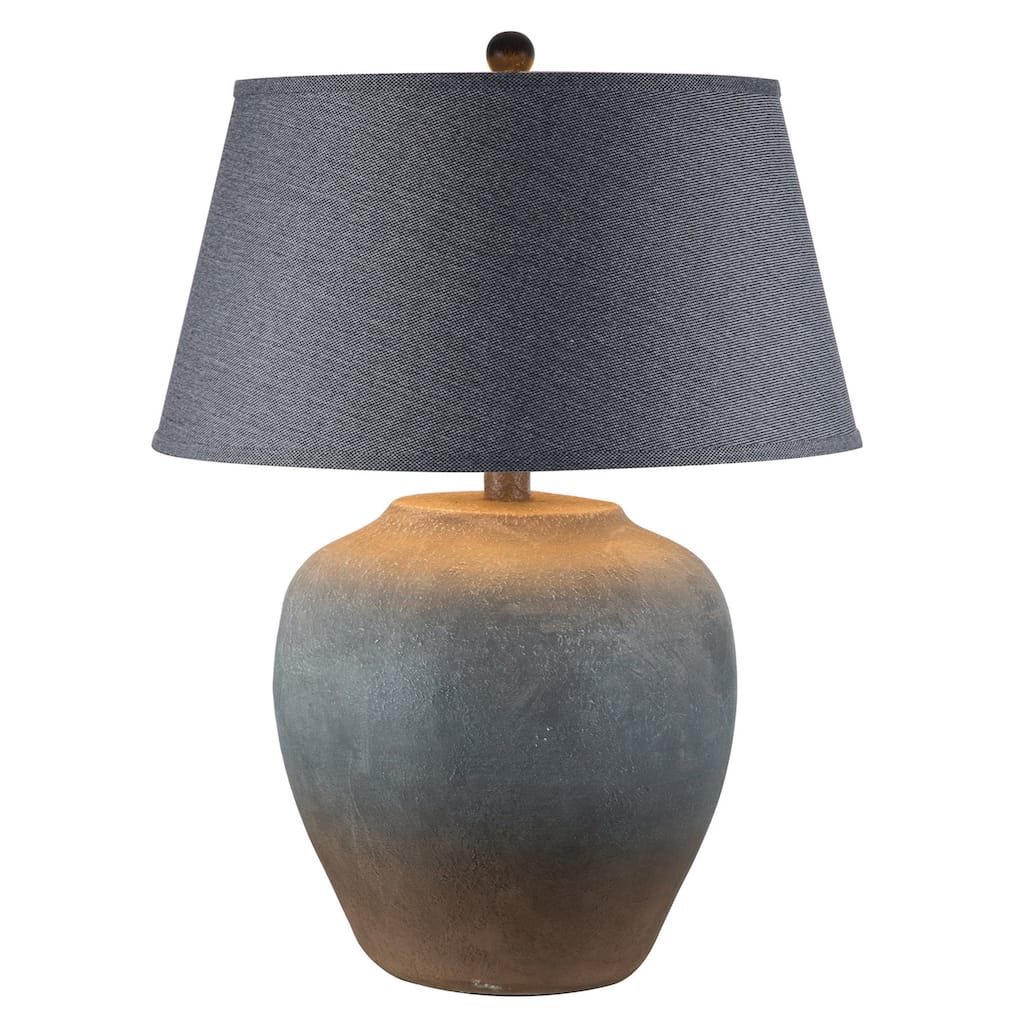 Buen 28 Inch Hydrocal Table Lamp, Black Drum Shade, Urn Base, Gray Rust