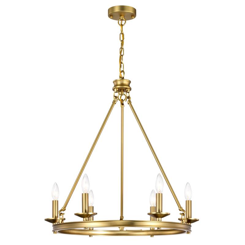 Leontia 25 Inch Mid-Century Modern Wagon Wheel Style Matte Black Finish Ceiling Lighted Candle Chandelier 6-Light - Brass Gold
