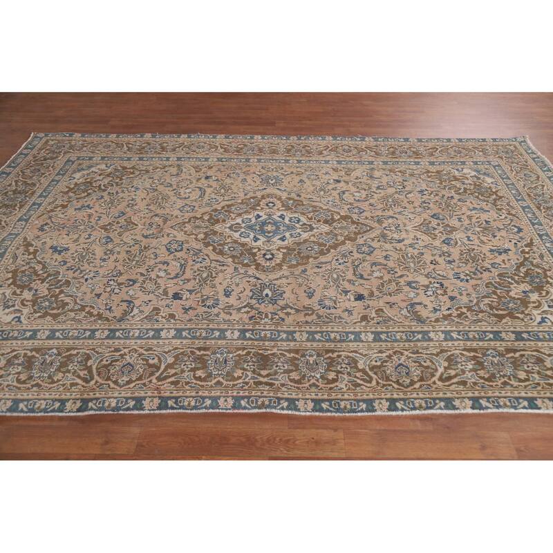 Hand Knotted Oriental 100% Wool Carpet Traditional Floral Coral Mashad Area Rug - 9' 1'' X 6' 1''