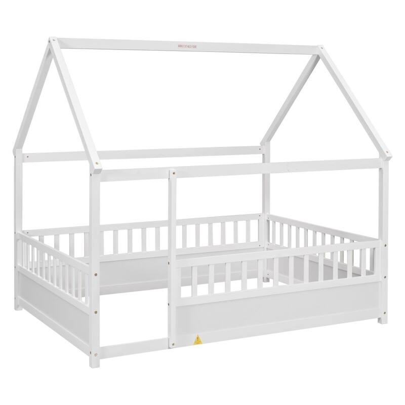 Full Size Floor Wooden Bed with House Roof Frame, Fence Guardrails