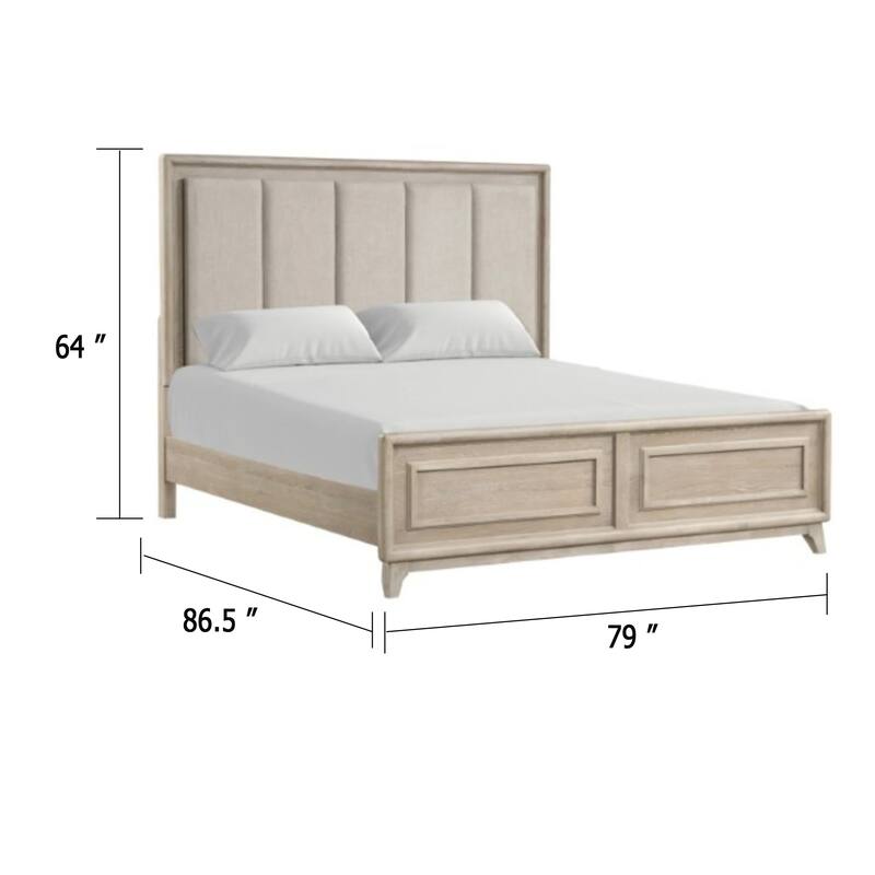 Myna King Bed, Solid Wood, Ivory Channel Padded Upholstery, Oak Brown