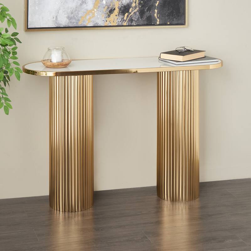 Gold Metal Oval Living Room Console Table with White Marble Tabletop and Ribbed Legs - Gold