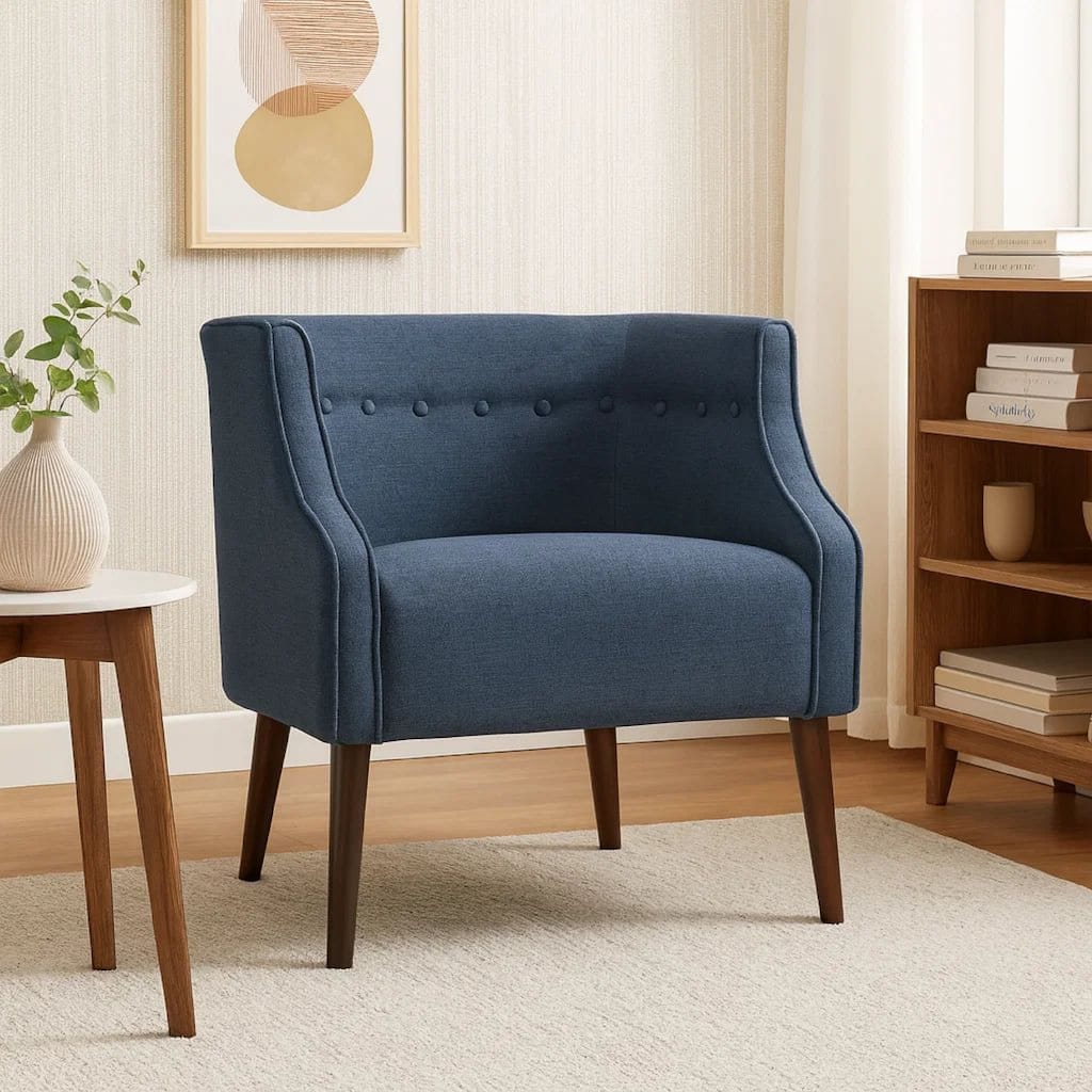 Accent Club Chair, Curved Barrel Back, Button Tufted, Navy Blue Fabric