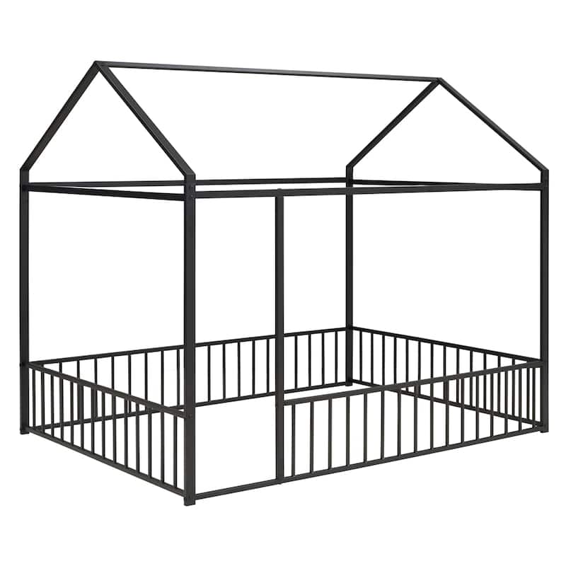Full Size Metal Bed House Bed Frame with Fence for Kids