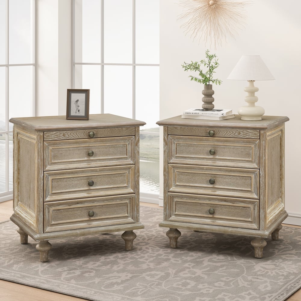 Nightstands Set of 2 with 4 Drawer,Wood Storage End Table with Hidden Pull-Out Shelf, 4 Solid Wood Feet and Metal Handle