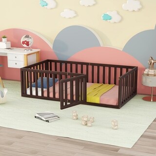 Twin Size Floor Bed Frame for Kids, Wood Montessori Floor Beds with Fence Rail for Boys Girls