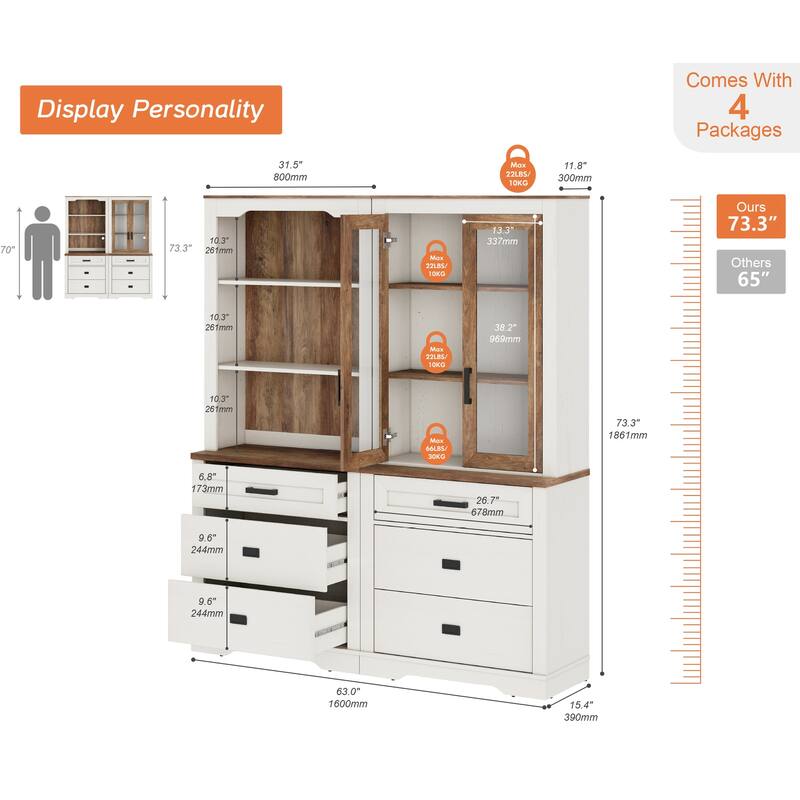 3 Tier Bookcase with Drawer,73.3" Tall Floor Standing Bookshelf