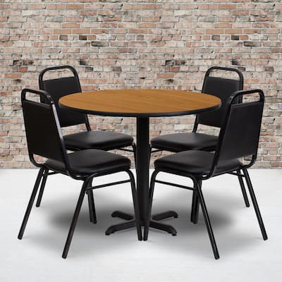 36'' Round Laminate Table Set with X-Base and 4 Trapezoidal Back Banquet Chairs