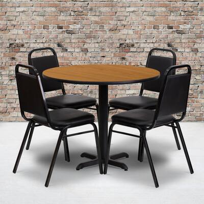 36'' Square Laminate Table Set with Round Base and 4 Trapezoidal Back Banquet Chairs