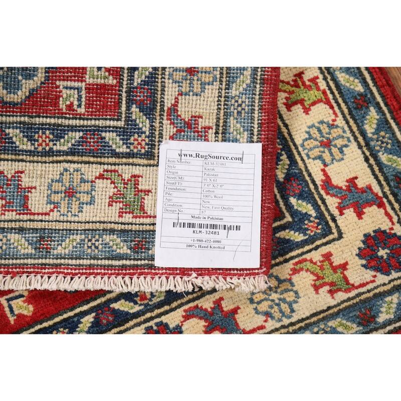 Red Geometric Kazak Oriental Foyer Rug Handmade Wool Carpet - 2'0" x 3'0"