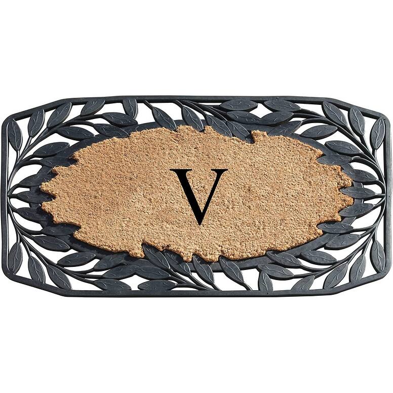 A1HC Rubber and Coir Stylish Leaf Border Large Outdoor Durable Monogrammed Doormat, Black - 23" X 38" - V