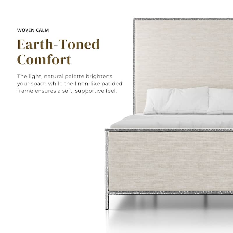 Furniture of America Zayen Modern Beige Upholstered Queen Size Hammered Metal Platform Bed