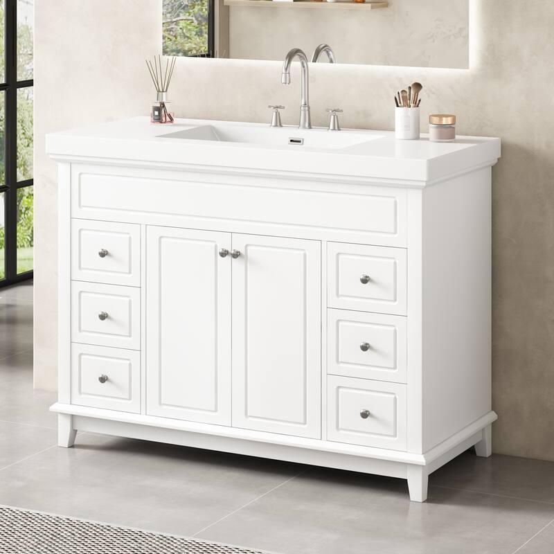 Roomfitters 48" Bathroom Vanity with Integrated Resin Sink, 6 Soft-Close Drawers and Double Doors with 2-Tier Shelving, White - White