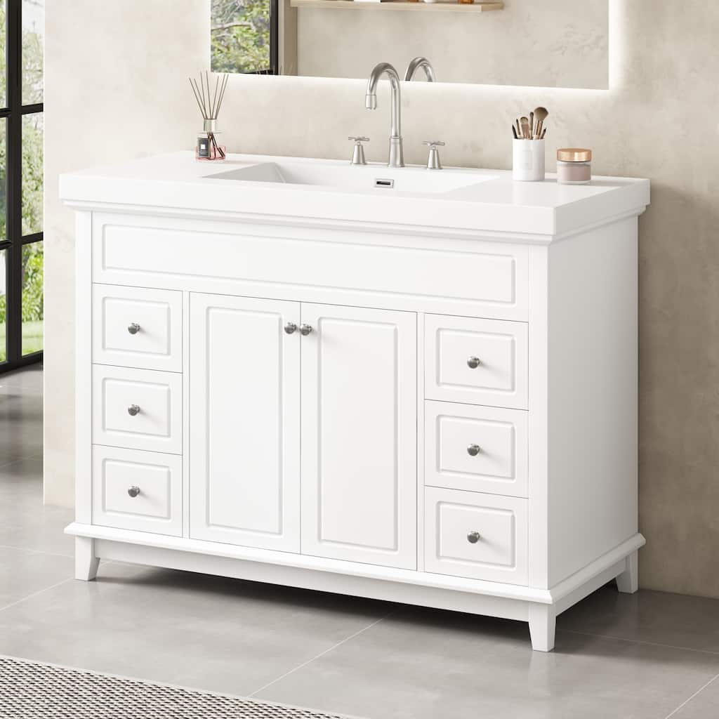 Roomfitters 48" Bathroom Vanity with Integrated Resin Sink, 6 Soft-Close Drawers and Double Doors with 2-Tier Shelving, White