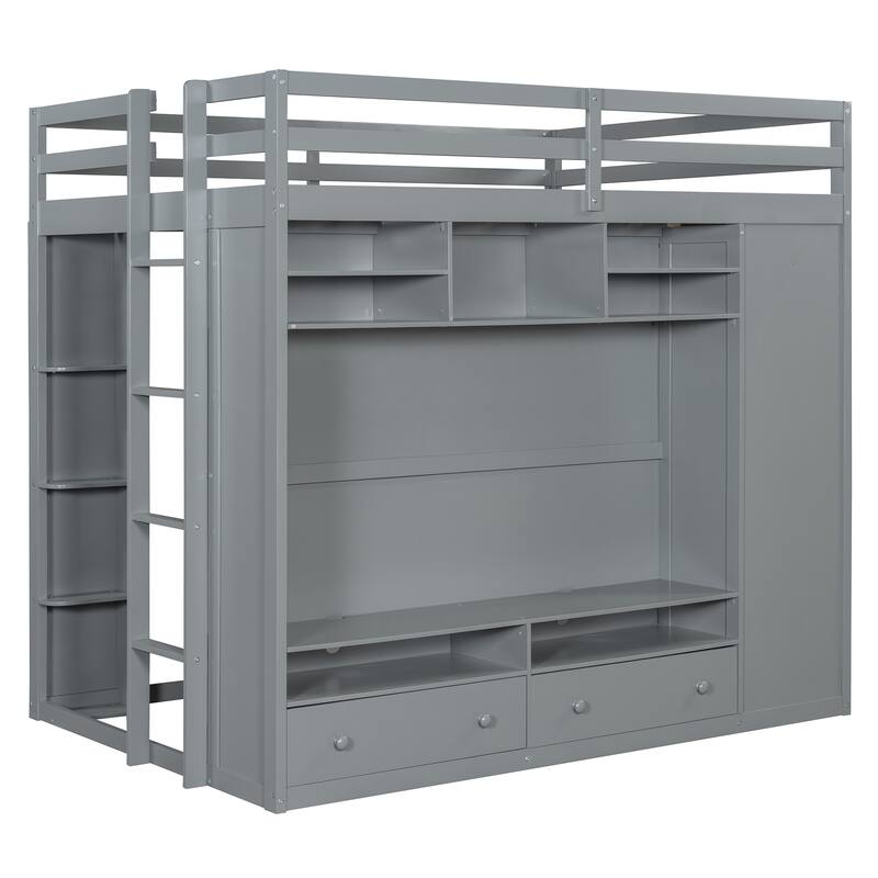 Full Size Loft Bed with TV Stand and Drawers, Teens Kids Storage Bed Frame with Shelves, Wardrobe and LED Light