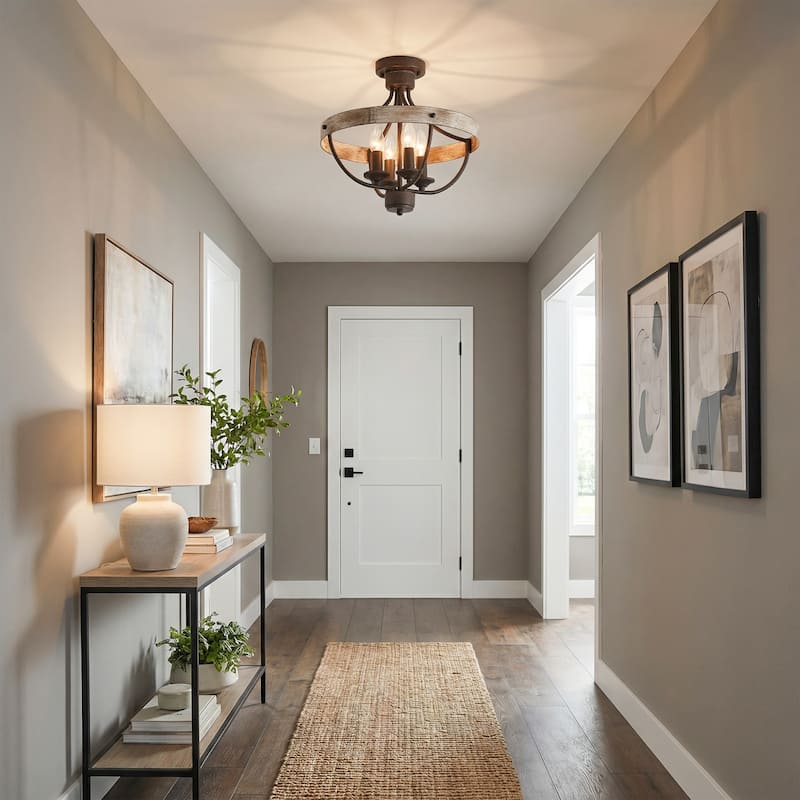 15.4" 4-Light Rustic Bronze Wood Semi-Flush Mount Ceiling Light - 15.4 in. D x 15.4 in. W x 14.6 in. H