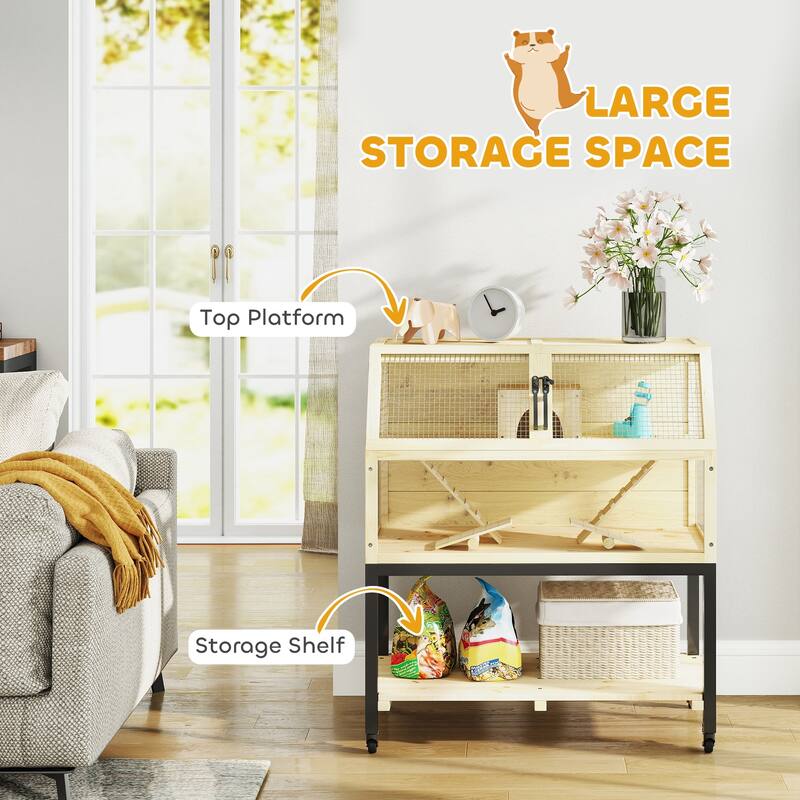 Wooden Hamster Cage with Wheels, Storage Shelf and Accessories - 34.3" W x 16.9" D x 39.8" H