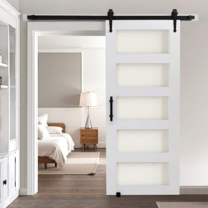 White MDF Sliding Barn Door with Frosted Glass for Bathroom and Kitchen - 36x84